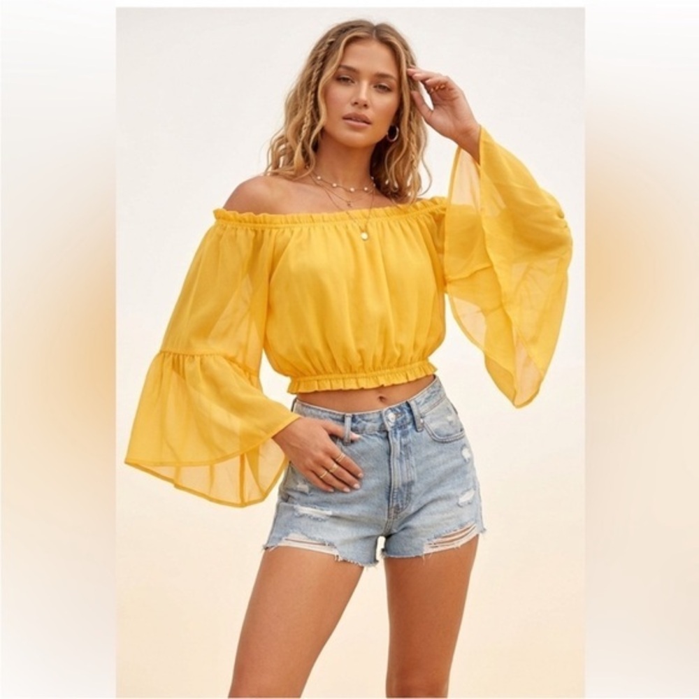 Butter Yellow Bohemian Belle Sleeve Off The Shoulder Crop Top Size Small